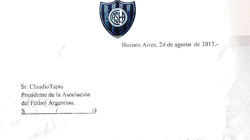 Fascímil de la carta que San Lorenzo envió a la AFA.