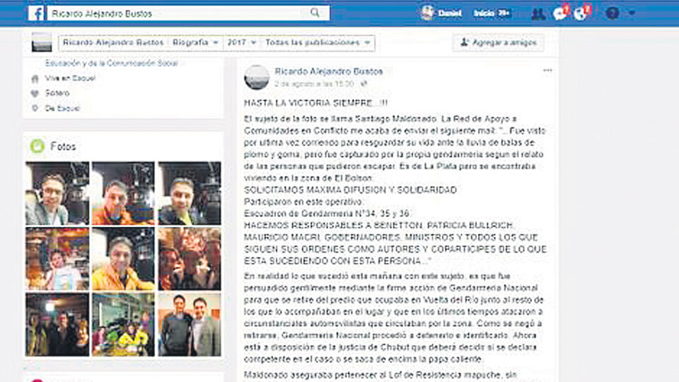 La publicación de Bustos en Facebook en la que le atribuyó a Gendarmería la detención de Maldonado.