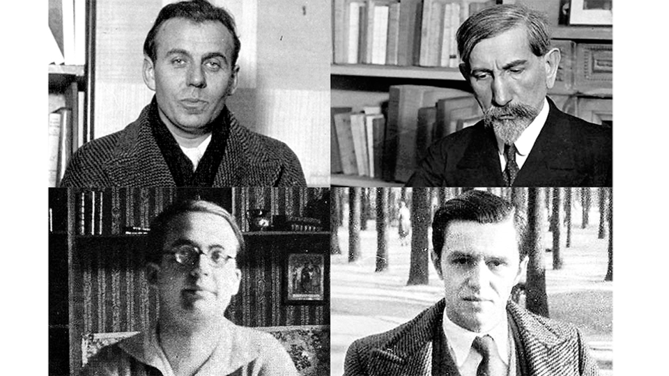 Céline (arriba izq.), Maurras (arriba der.), Brasillach (abajo izq.) y Rebatet (abajo der.), los nombres del auge de la literatura fascista en Francia.