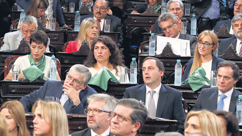 Muchas legisladoras llevaron pañuelos verdes y otras llevaron carteles para apoyar la despenalización del aborto.