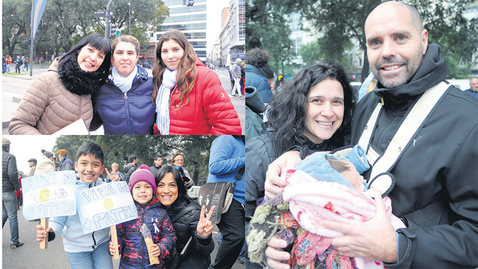 Rita con sus hijas Oriana y Ludmila, Emilce con Calixto y Lisandra, y Cristian y Juliana con su bebé, desafiaron el frío y fueron a la 9 de Julio.