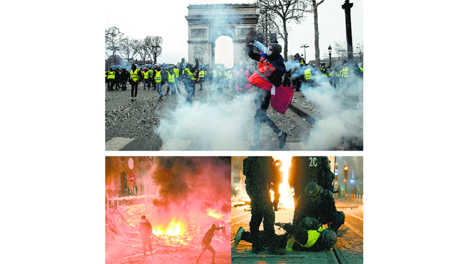 Chalecos amarillos en acción en el Arco del Triunfo y Toulouse (abajo izq.) y manifestante detenido en Bordeaux.