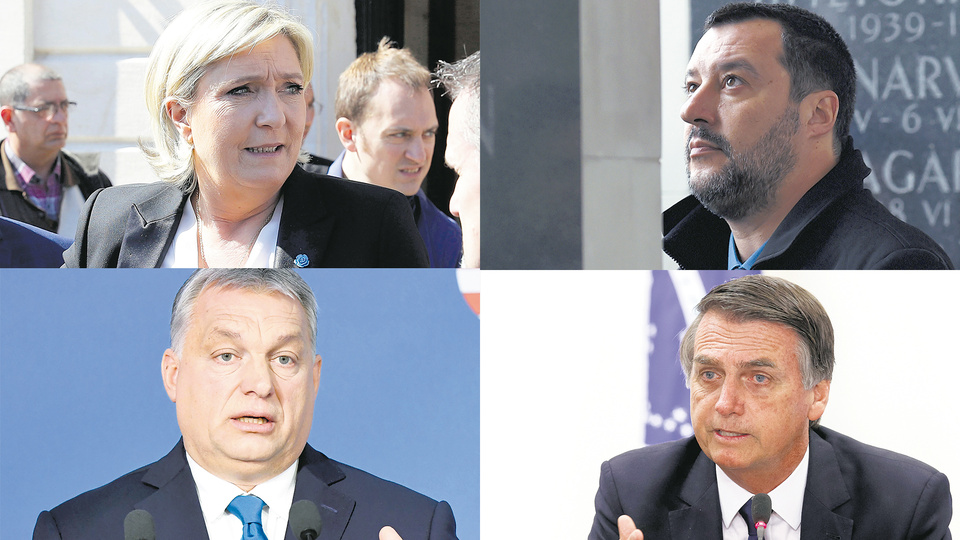 De izq. a der. arriba: Marine Le Pen y Matteo Salvini; abajo: Victor Orban y Jair Bolsonaro.