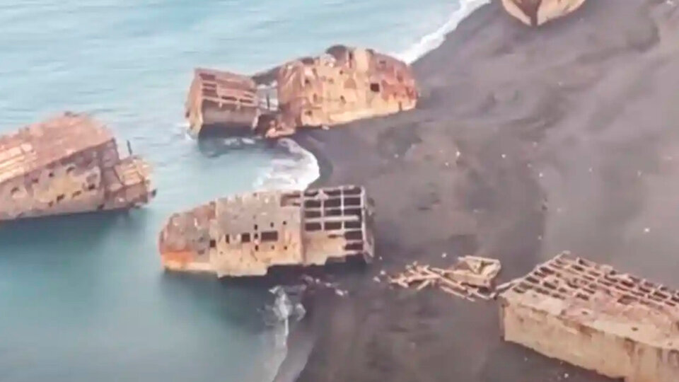 World War II sunken ships floating on the island of Iwo Jima in Japan by volcanic activity