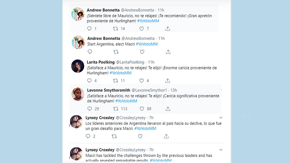 Cientos de cuentas falsas se sumaron en dudoso castellano a la consigna #YoVotoMM.