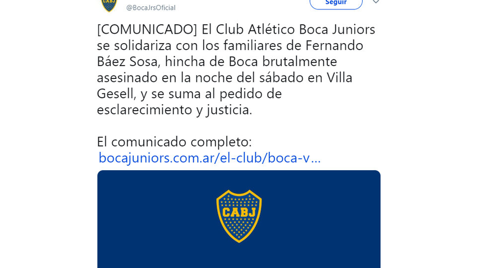Boca salió a condenar el "brutal asesinato" de Fernando Báez Sosa