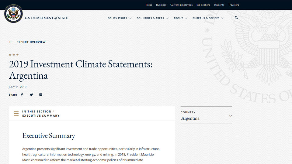 Portada del documento publicado por USDA: informe sobre clima de inversión en Argentina. 