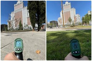 A la izquierda, la temperatura de superficie del adoquín al sol de Plaza de España. A la derecha, la temperatura en superficie del espacio arbolado de Plaza de España, en Madrid.