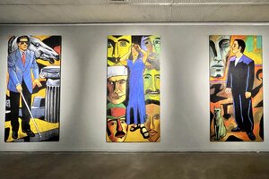 Tres de las xilopinturas (de 210 x 110 cm) de los años dos mil, de Eduardo Iglesias Brickles, exhibidas en el MNBA. Abajo: Regina della notte, 1993, xilopintura de Iglesias Brickles.