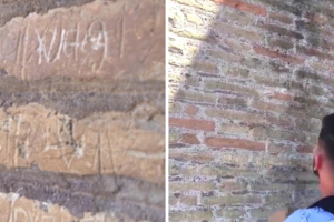 Video: un turista talló su nombre y el de su novia en la pared del Coliseo Romano