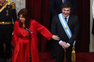 El detalle en el bastón de Javier Milei que hizo sonreír a Cristina Kirchner durante la jura (Fuente: AFP)