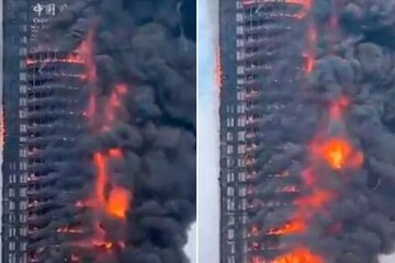 Impresionante incendio en una torre de China Telecom