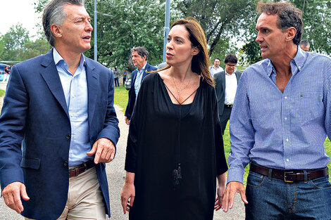 Mauricio Macri, María Eugenia Vidal y Gabriel Katopodis en la recorrida de ayer en San Martín. (Fuente: DyN)