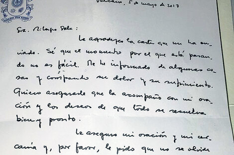 La carta manuscrita que Francisco le envió a Milagro Sala.