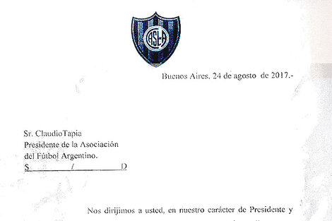 Fascímil de la carta que San Lorenzo envió a la AFA.