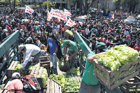 Los productores vendieron frutas y verduras al precio que ellos reciben. Lechuga a siete pesos, apio y cebolla a cuatro, zanahoria a tres. (Fuente: Télam)