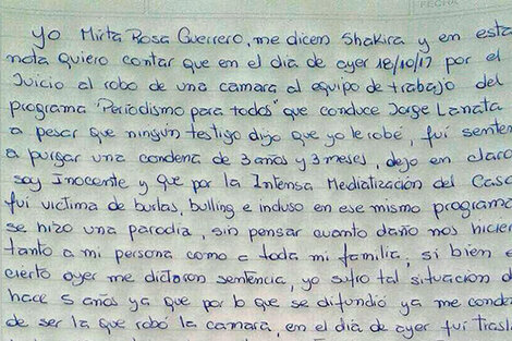 La carta que Guerrero escribió para contar su situación.