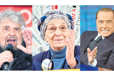 Beppe Grillo, líder del Movimiento Cinco Estrellas; Emma Bonino, candidata de Más Europa, y Berlusconi, jefe de Forza Italia.