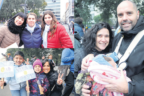 Rita con sus hijas Oriana y Ludmila, Emilce con Calixto y Lisandra, y Cristian y Juliana con su bebé, desafiaron el frío y fueron a la 9 de Julio.