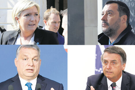 De izq. a der. arriba: Marine Le Pen y Matteo Salvini; abajo: Victor Orban y Jair Bolsonaro.