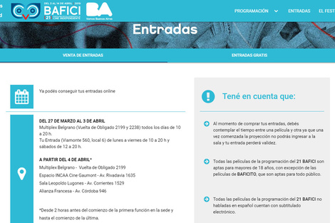 Las entradas del Bafici pueden comprarse por Internet o personalmente.