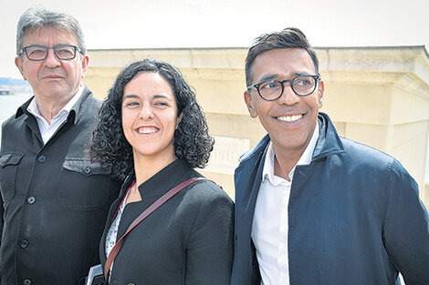 Jean-Luc Melenchon, Manon Aubry y Younous Omarjee, de Francia Insumisa, en un acto en Marsella.