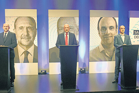 Omar Perotti, Antonio Bonfatti y José Corral, los principales postulantes en la elección del próximo domingo.