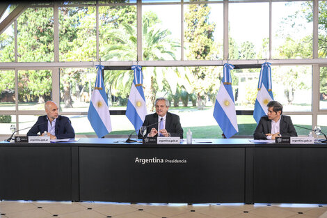 Alberto Fernández junto a Horacio Rodríguez Larreta y Axel Kicillof, ayer en Olivos.  