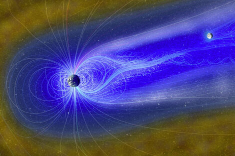 Representación artística de la Luna en la magnetosfera, con el "viento de la Tierra" compuesto por iones de oxígeno (gris) e iones de hidrógeno (azul brillante) que fluyen, que pueden reaccionar con la superficie lunar para crear agua. 