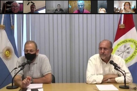 El ministro Corach y el gobernador en la imagen de la sala virtual con intendentes. (Fuente: Prensa Gobernación)