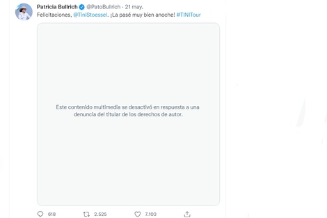 Twitter eliminó el video que Patricia Bullrich subió del recital de Tini por incumplir con los derechos de autor