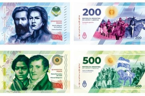 Los nuevos billetes, con las figuras de Azurduy y del Valle.