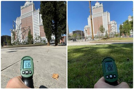 A la izquierda, la temperatura de superficie del adoquín al sol de Plaza de España. A la derecha, la temperatura en superficie del espacio arbolado de Plaza de España, en Madrid.