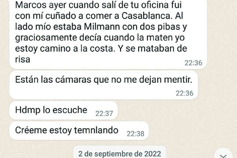 El mensaje enviado por el testigo a las 22.36 del 1 de septiembre, minutos después del ataque a CFK.