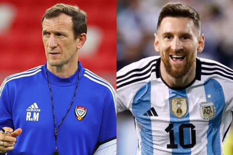 Rodolfo el "Vasco" Arruabarrena, entrenador de Emiratos Árabes Unidos, y Lionel Messi, quien sería titular este miércoles. 