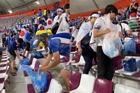 Hinchas japoneses limpiaron las gradas del estadio tras el triunfo ante Alemania. Imagen: captura de video.   