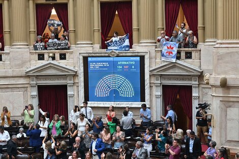 Los diputados del Frente de Todos festejan la sanción de la moratoria previsional.