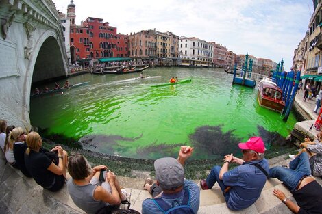 Misterio en el Gran Canal de Venecia: el agua apareció teñida de verde fluorescente (Fuente: AFP)