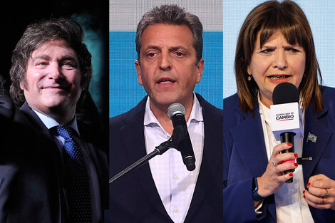 Javier Milei, Sergio Massa y Patricia Bullrich, los tres candidatos más votados en las elecciones PASO.