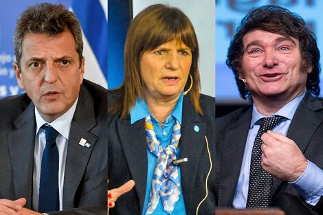 Los tres candidatos con posibilidades: Sergio Massa, Patricia Bullrich y Javier Milei.