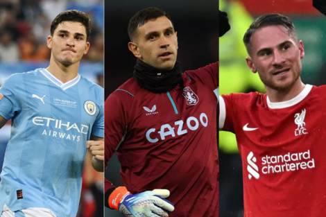 Julián Álvarez (Manchester City), Dibu Martínez (Aston Villa) y Alexis Macallister (Liverpool).