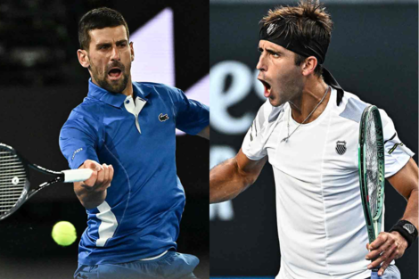 Novak Djokovic y Tomás Etcheverry en el Abierto de Australia.