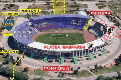 Uno de los mapas difundidos por la organización para el ingreso de hinchas de River y Boca.