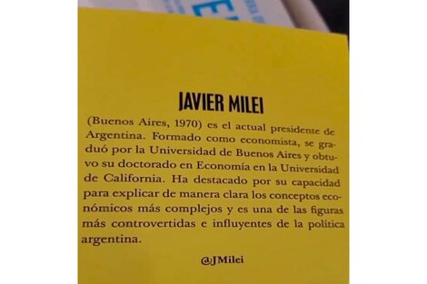 Milei, recibido en la UBA y doctorado en California, según la solapa de un libro en España