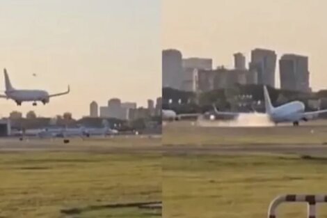 En las imágenes difundidas en las redes sociales, se puede ver como el avión aterriza en una de las pistas del aeropuerto porteño, impactando fuertemente contra el suelo.   (Fuente: Capturas de video)