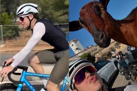 Franco, paseando en bici y sacándose una selfie con una cabra. Imagen: Instagram @francolapinto.