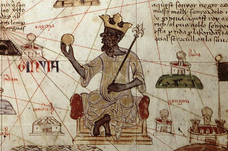 Musa representado sosteniendo una pepita de oro en el Atlas Catalán de 1375.