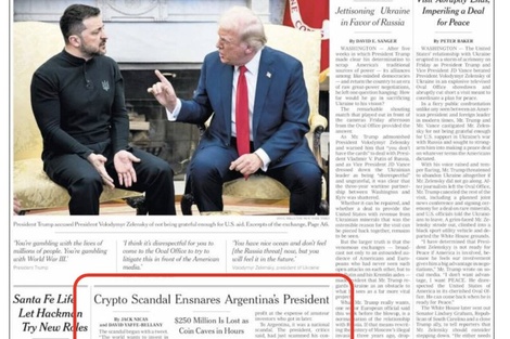 La portada del New York Times de este sábado, con el Criptogate en un lugar destacado. 