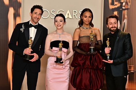 Adrien Brody, Mikey Madision, Zoe Saldaña y Kieran Culkin, los mejores actores de la entrega 97 de los Oscar.  (Fuente: AFP)