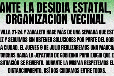 Vecinos de la villa 21-24 harán una marcha de antorchas a la jefatura de gobierno porteño ante la falta de luz